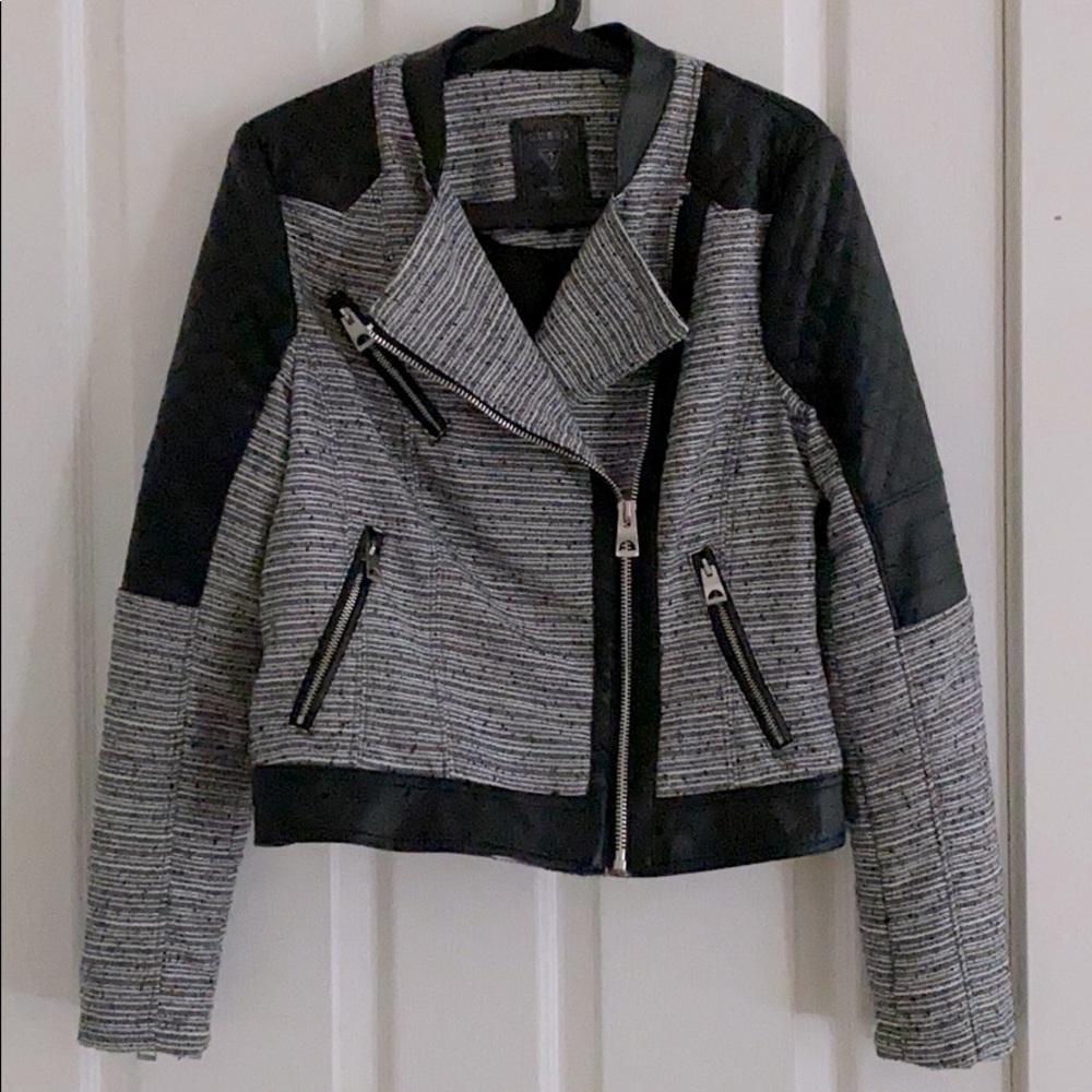 GUESS Tweed Vegan Leather Moto Jacket Size M